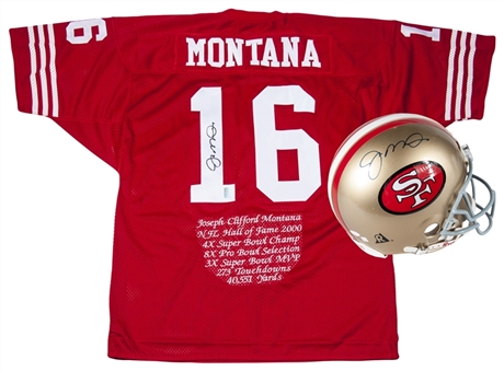 Lot of (2) Joe Montana Signed Riddell Official San Francisco 49ers Full Helmet and Signed inscribed Jersey (JSA)